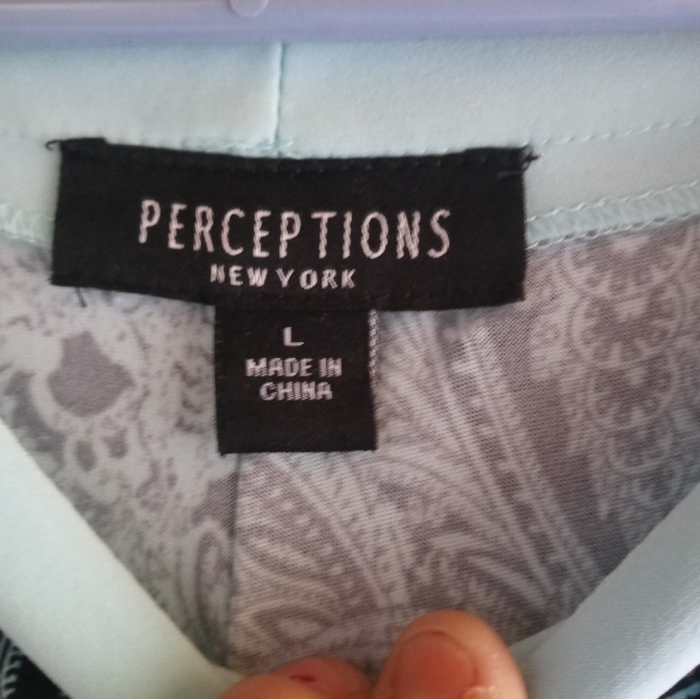 Perceptions dress (L) light blue with black detailing.